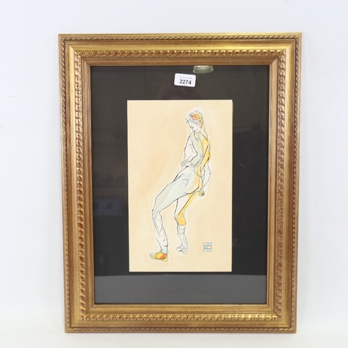 2274 - Ink/watercolour on paper, figure study, signed with monogram, 13