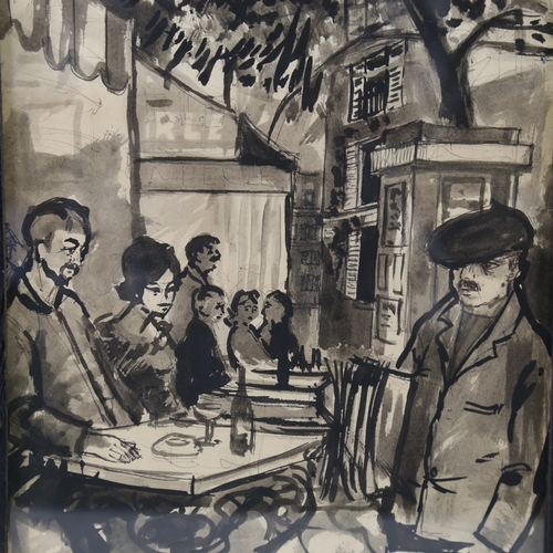 2305 - Monochrome ink and wash, Continental street cafe, unsigned, 14