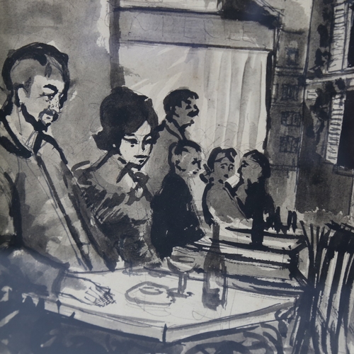 2305 - Monochrome ink and wash, Continental street cafe, unsigned, 14