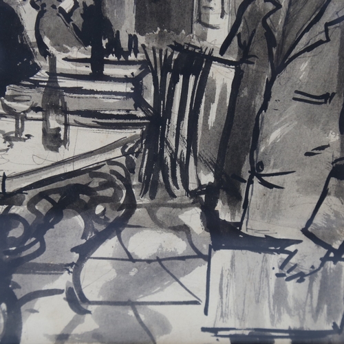 2305 - Monochrome ink and wash, Continental street cafe, unsigned, 14