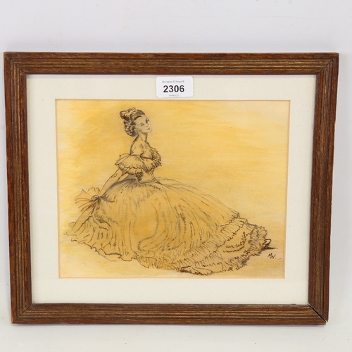 2306 - Manner of William Russell Flint, pencil/ink and wash, the evening dress, signed with monogram, 7.5