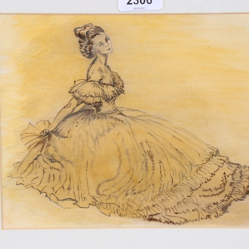 2306 - Manner of William Russell Flint, pencil/ink and wash, the evening dress, signed with monogram, 7.5