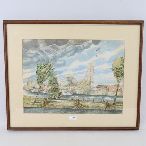 2326 - River landscape signed NJWM, watercolour, signed, 14