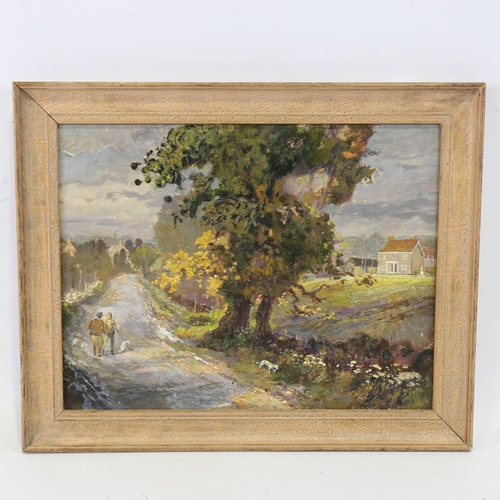 2347 - Mid-20th century oil on board, figures on a country lane, unsigned, 10.5