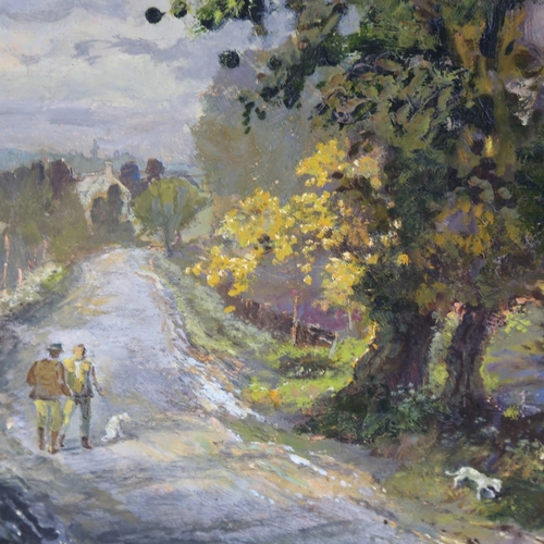 2347 - Mid-20th century oil on board, figures on a country lane, unsigned, 10.5