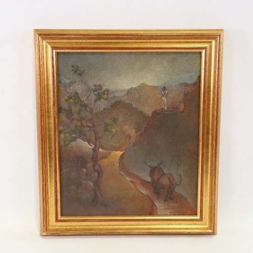 2349 - 20th century Surrealist School, bull in a landscape, oil on canvas, unsigned, 14