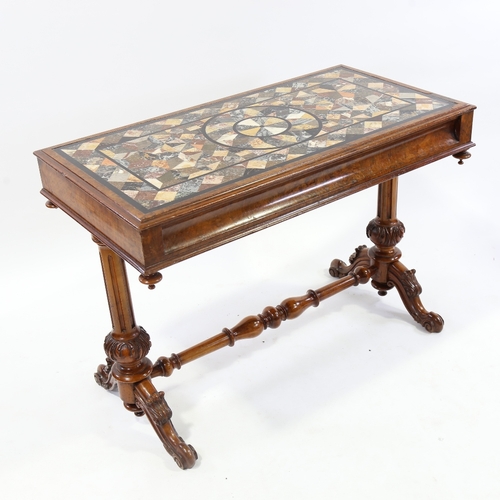 48 - A 19th century Pietra Dura specimen hardstone-topped library stretcher table, concave frieze raised ... 