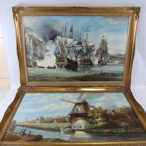 2357 - Contemporary oil on canvas, 18th century sea battle scene, 24