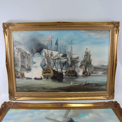 2357 - Contemporary oil on canvas, 18th century sea battle scene, 24