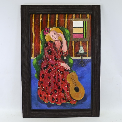 2382 - Carol Maddison, contemporary oil on board, woman with guitar, 33