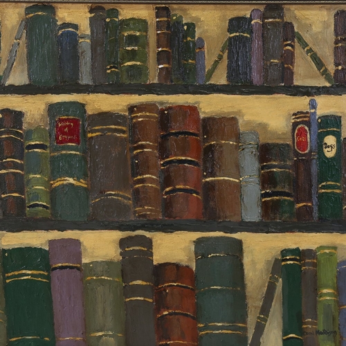 2388 - Carol Maddison, contemporary oil on board, bookshelves, 20