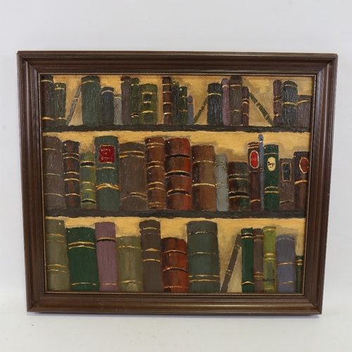 2388 - Carol Maddison, contemporary oil on board, bookshelves, 20