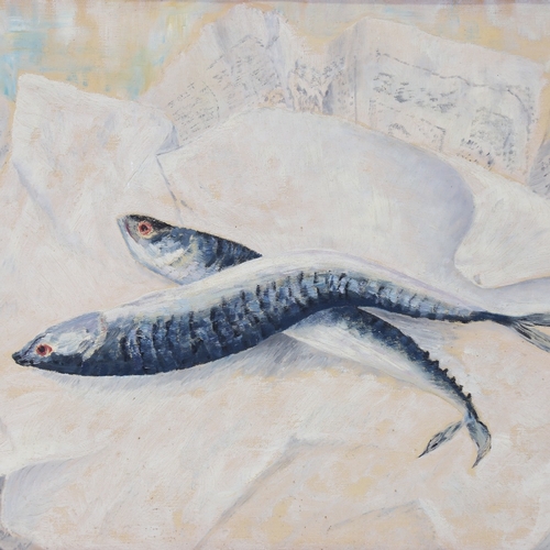 2401 - Doreen Parker, Mackerel And Newspaper, oil on board, signed, 15