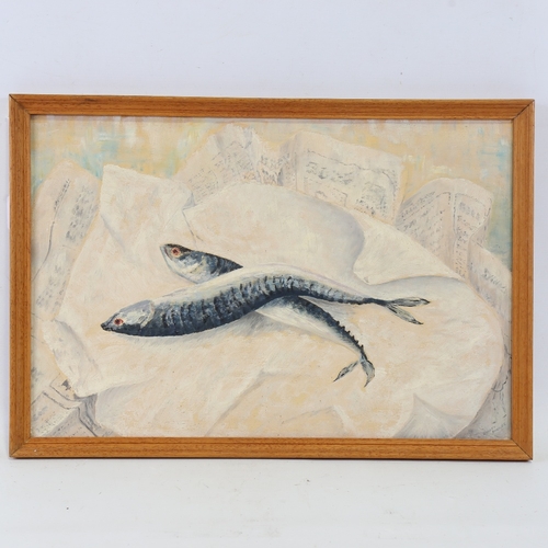 2401 - Doreen Parker, Mackerel And Newspaper, oil on board, signed, 15