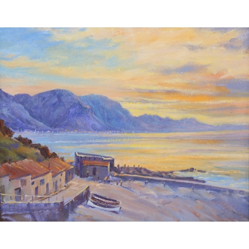 2402 - Contemporary oil on board, sunset over a cove, indistinctly signed, 8