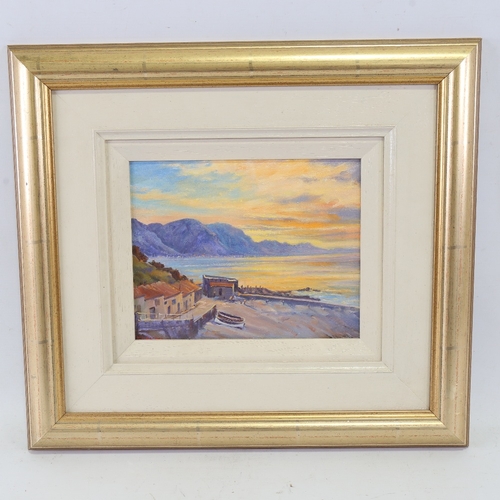 2402 - Contemporary oil on board, sunset over a cove, indistinctly signed, 8