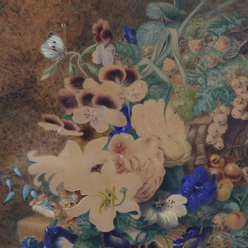 2404 - ... Hunt, mid-19th century watercolour, still life, flowers and butterfly, signed and dated 1845, 23... 