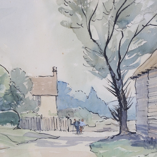 2409 - Ernest Savage (1906 - 2017), figures near a barn, watercolour on paper, signed, 10.5