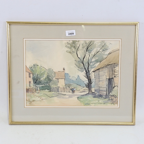 2409 - Ernest Savage (1906 - 2017), figures near a barn, watercolour on paper, signed, 10.5