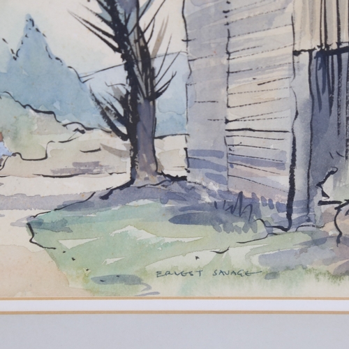 2409 - Ernest Savage (1906 - 2017), figures near a barn, watercolour on paper, signed, 10.5