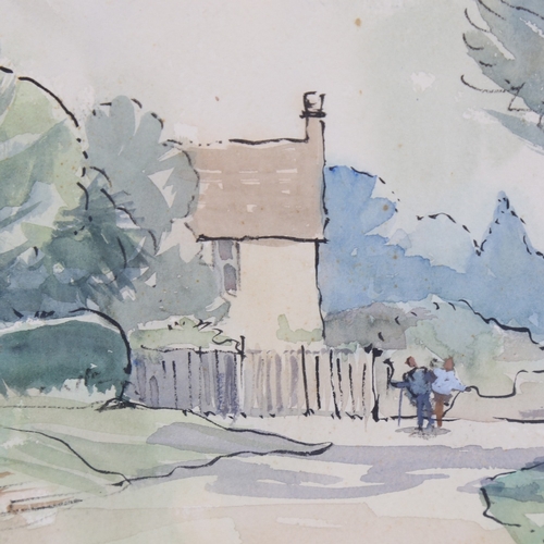 2409 - Ernest Savage (1906 - 2017), figures near a barn, watercolour on paper, signed, 10.5