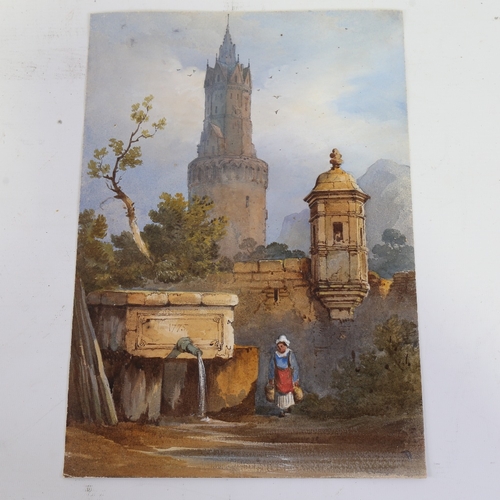 2413 - Watercolour on card, woman beside a fountain, unsigned, 13