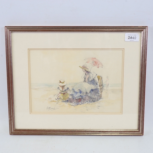 2440 - Matt Bruce, figures at the beach, watercolour, signed, 7