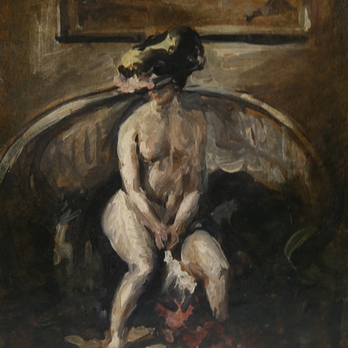 2451 - Early to mid-20th century oil on board, nude woman, indistinctly signed, 16