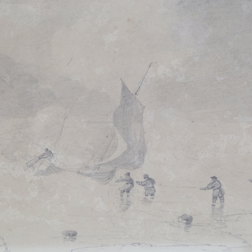 2453 - Captain Thomas Hastings (1804 - 1831), pulling a boat ashore, pencil and wash on paper, unsigned, 7