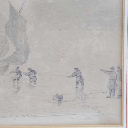 2453 - Captain Thomas Hastings (1804 - 1831), pulling a boat ashore, pencil and wash on paper, unsigned, 7