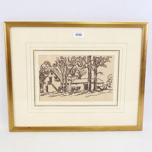 2456 - Anton Lock (born 1893), pen and ink drawing, farmyard, unsigned, 7