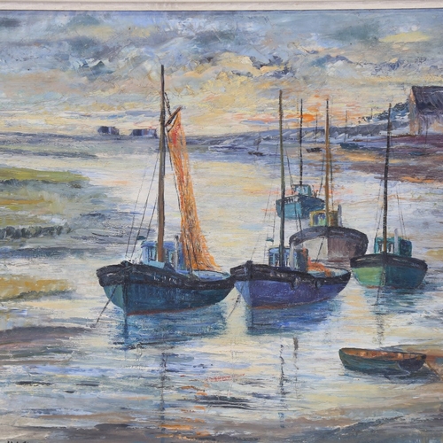 2459 - M A Gauntlett, fishing boats at sunset, oil on board, signed, 15