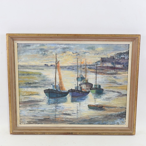 2459 - M A Gauntlett, fishing boats at sunset, oil on board, signed, 15