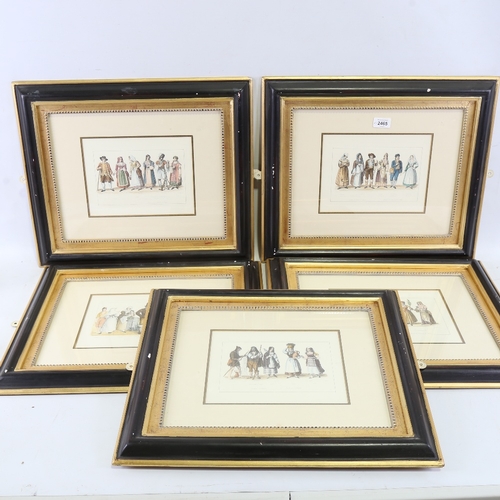 2465 - A set of 5 19th century colour fashion prints, in ornate modern moulded gilt-frames, overall frame d... 