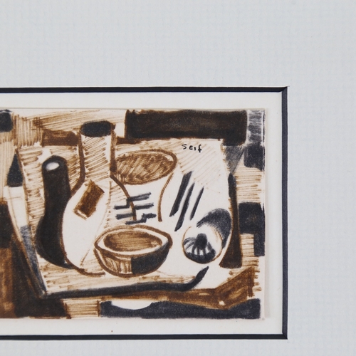 2467 - Seif Wanly (Egyptian 1906 - 1979), still life with bottles, miniature watercolour, circa 1950s, 2.5