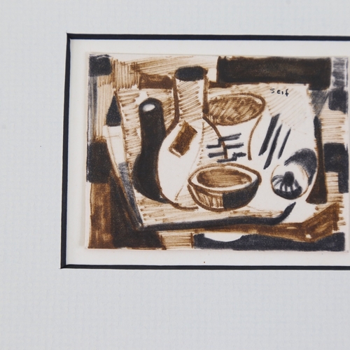 2467 - Seif Wanly (Egyptian 1906 - 1979), still life with bottles, miniature watercolour, circa 1950s, 2.5