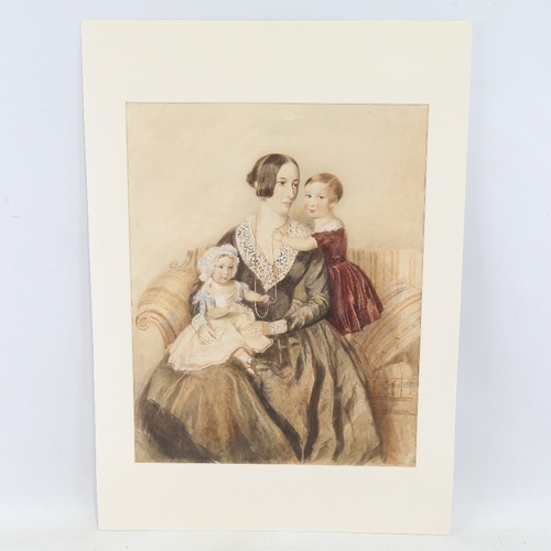 2476 - 19th century British School, mother with 2 children, watercolour on paper, unsigned, 19.5