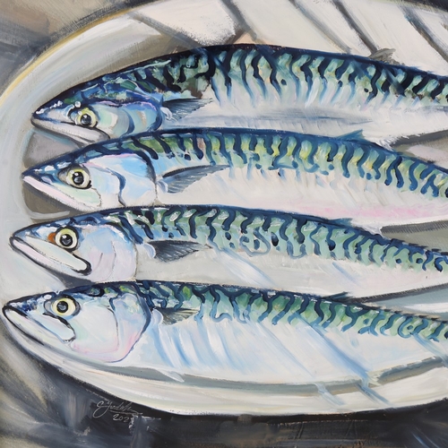 2484 - Clive Fredriksson, mackerel on a plate, oil on canvas, 19