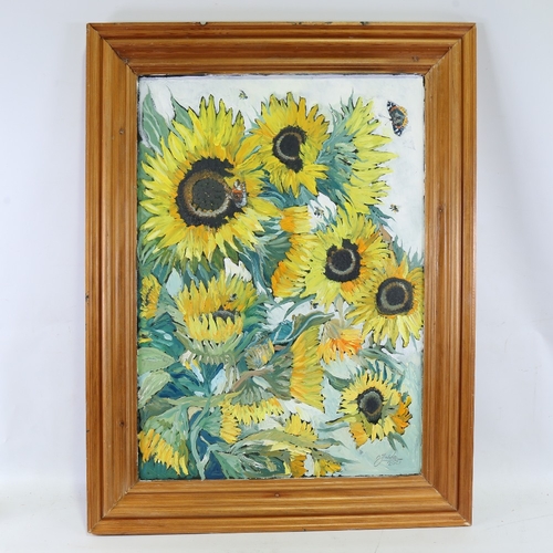 2487 - Clive Fredriksson, sunflowers and butterflies, oil on board, 23