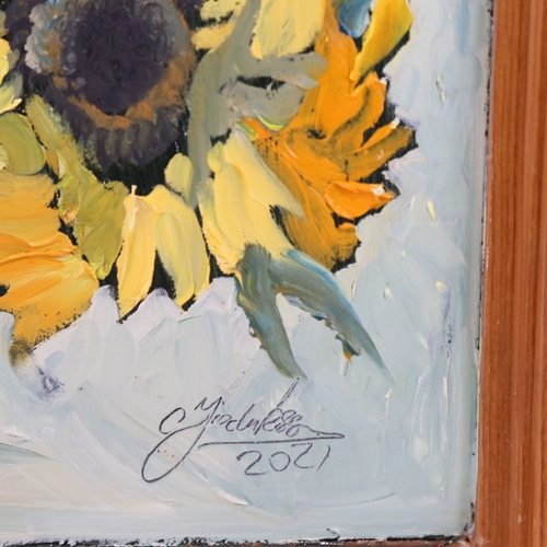 2487 - Clive Fredriksson, sunflowers and butterflies, oil on board, 23