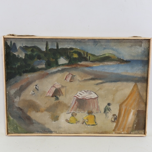 2491 - Mid-20th century French School, tents on the beach, oil on canvas, unsigned, 15