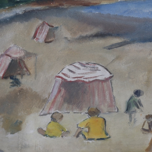 2491 - Mid-20th century French School, tents on the beach, oil on canvas, unsigned, 15