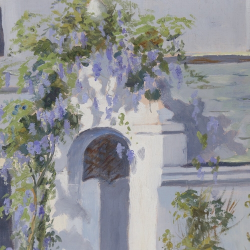 2492 - William Reekie (1869 - 1948), wisteria over an archway, oil on board, signed, 16