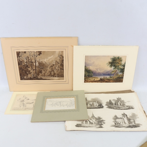 2503 - A folder of works, including 19th century pen and wash drawing of Norwich Castle, Richard Westall, p... 