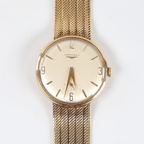 1012 - LONGINES - a Vintage 9ct gold mechanical wristwatch, circa 1966, silvered dial with quarterly gilt A... 