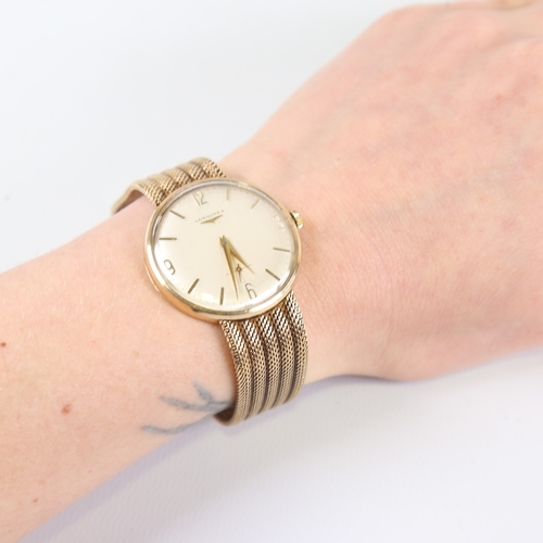 1012 - LONGINES - a Vintage 9ct gold mechanical wristwatch, circa 1966, silvered dial with quarterly gilt A... 