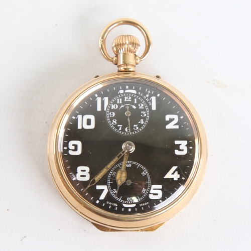 1013 - ZENITH - a First World War Period gold plated open-face top-wind alarm pocket watch, black dial with... 