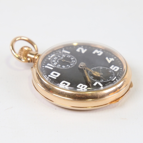 1013 - ZENITH - a First World War Period gold plated open-face top-wind alarm pocket watch, black dial with... 