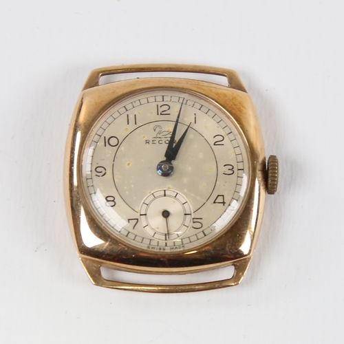 1014 - RECORD - a Vintage 9ct gold mechanical wristwatch head, silvered dial with Arabic numerals and subsi... 