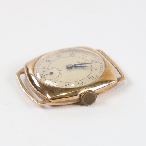 1014 - RECORD - a Vintage 9ct gold mechanical wristwatch head, silvered dial with Arabic numerals and subsi... 